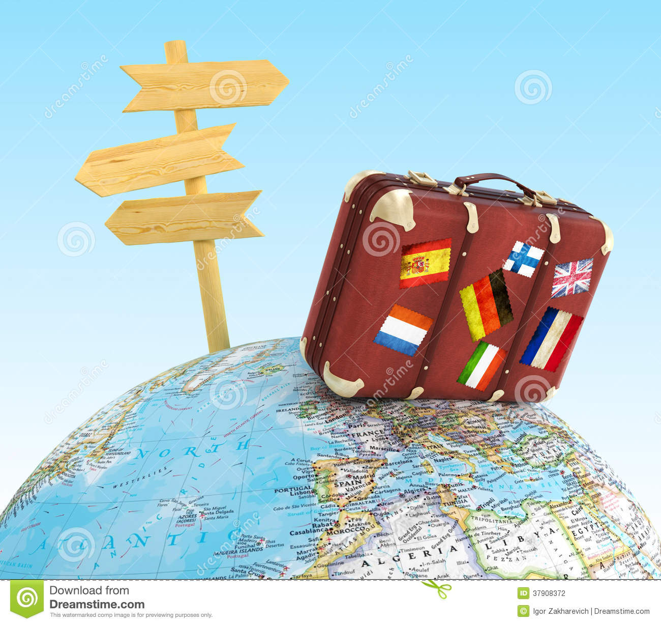 wood-sign-board-old-suitcase-striples-flags-blurred-world-map-sky-background-37908372